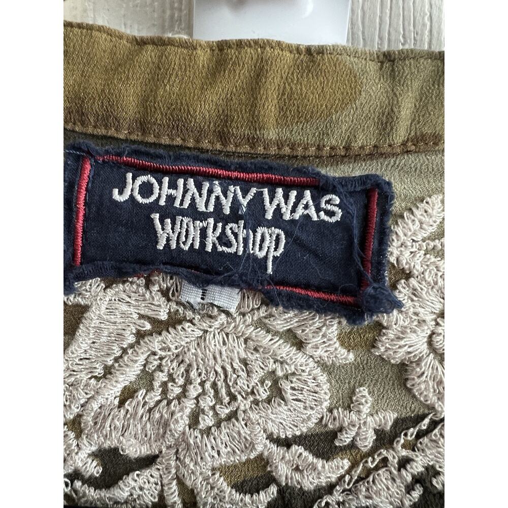 JOHNNY WAS Workshop 100% Silk Ciro Camo Embroidered Flare Sleeve Tunic Blouse - Picture 12 of 15